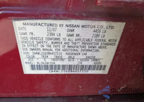 2008 Nissan Altima 3.5 Sl from USA, damaged, VIN 1N4BL21E08N457210